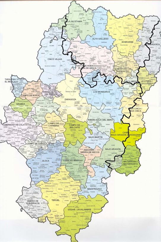 Mapa actual dels dominis linguistics català i aragonès. Font Rolde de Estudios Aragoneses